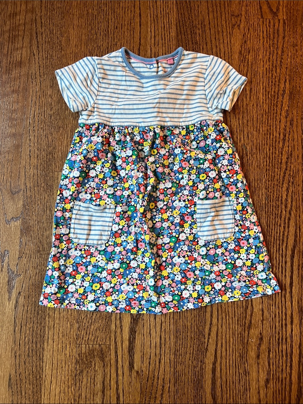 Baby Boden Blue-Striped Bodice Floral Pocket Dress